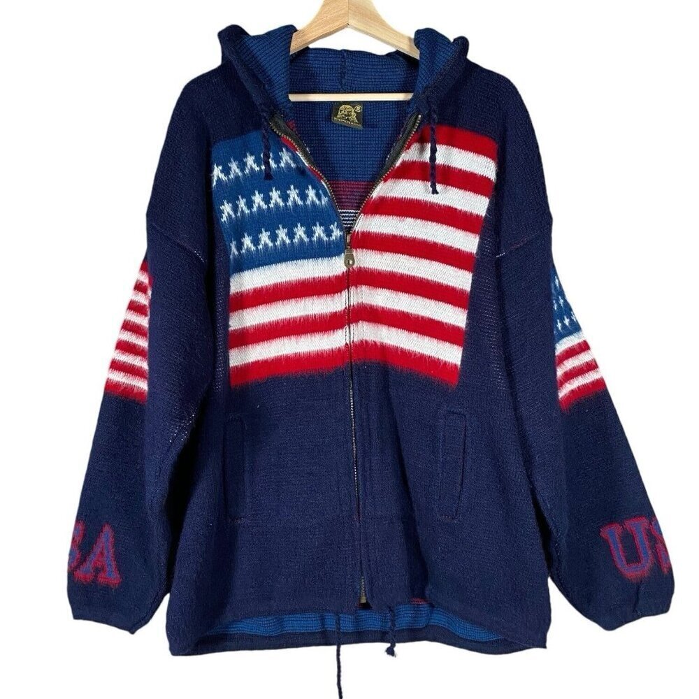 VTG Ruminahui Wool Hooded Sweater XL Full Zip American Flag USA Fuzzy Jacket